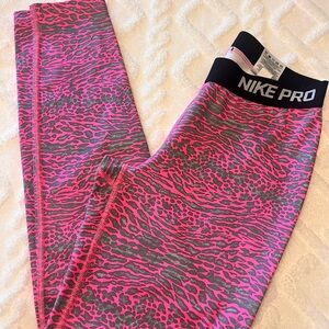 Nike Pro Girls Hot Pink and Gray Animal-Print Leggings